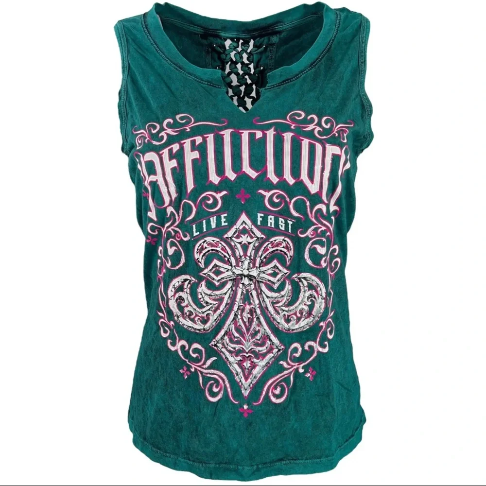 Affliction Women's T-Shirt Winter Epitaph Black Biker Tattoo - Picture 2 of 9